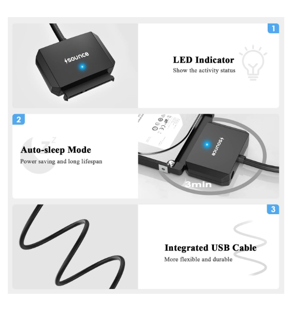 Sounce SATA Cable USB 3.0 to SATA III Hard Disk Connector for 3.5 2.5 inch SSD & HDD Hard Drive Disk and SATA Optical Drive with 12V 2A Power Adapter External Hard Disk Adapter Support UASP - Black
