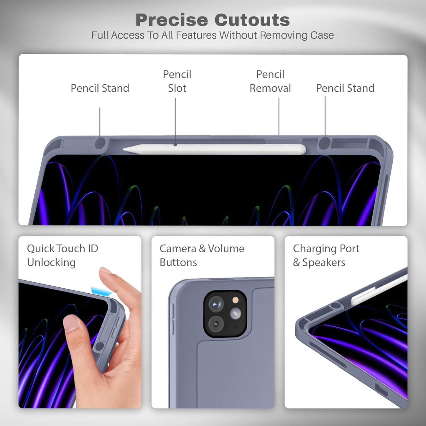 Case Cover for iPad Pro 12.9 inch Cover (2022/2021/2020, 6th/5th/4th Gen) Smart Folio Case with Pencil Holder, Auto Sleep/Wake| TPU Back (Grey)