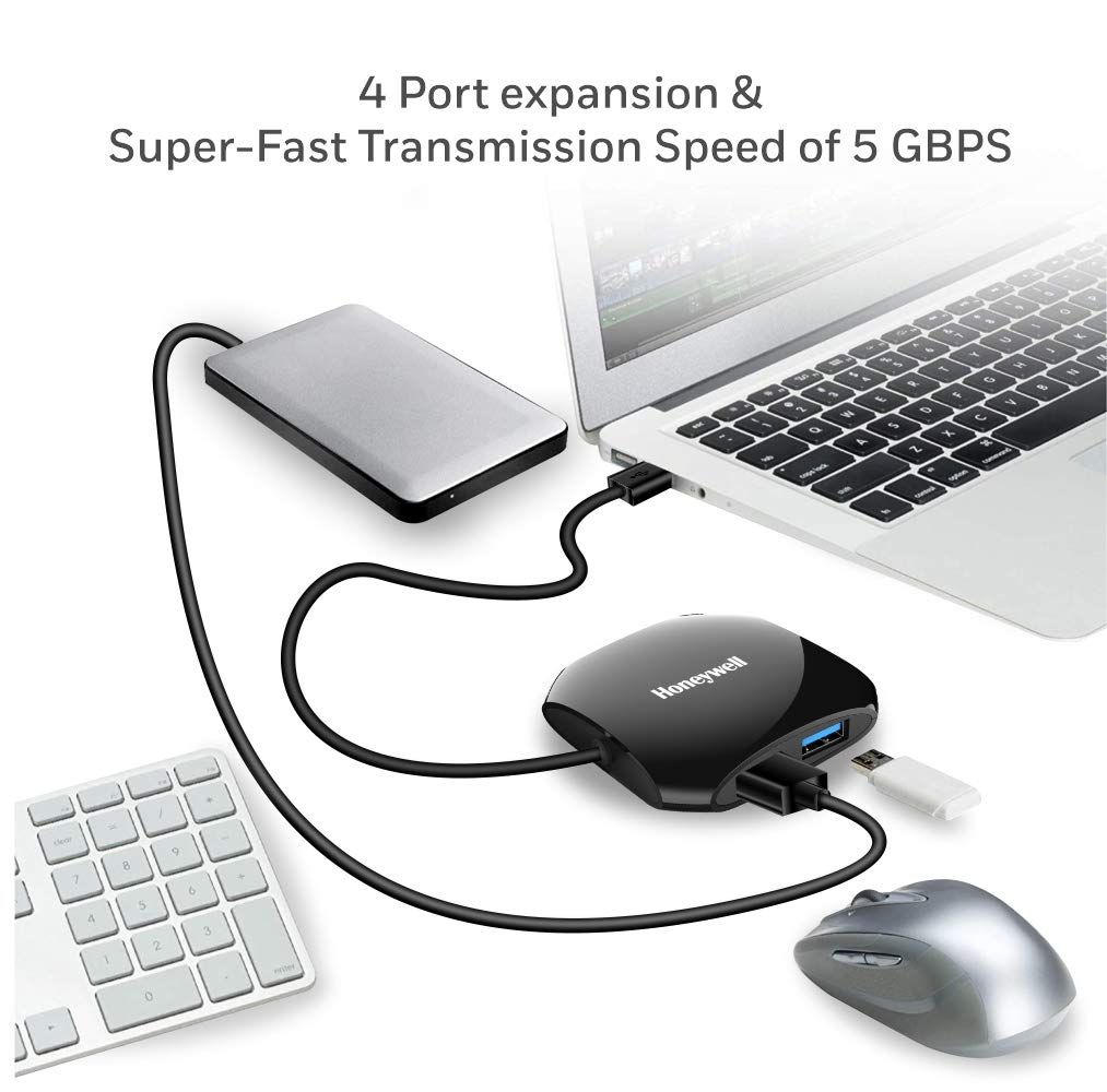 Honeywell Momentum 4-1 USB 3.0 Hub, 1.2 Meter Cable, Max Current 900mA, Transmission Speed 5GBPS, Universally Compatible with All USB PC, Laptop, Speaker, Mobile, Pen Drive,Hard Drive,Keyboard Printer