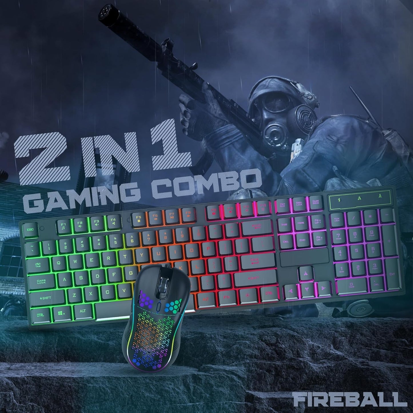 Dr Luxur® Fireball Ergonomic Keyboard and Mouse Combo, 104 Keys with Laser Keycaps, Rainbow Backlight Effect, Anti Ghosting Keys and Adjustable 5 DPI Modes Upto 7200 for Gaming and Work (Black 2)