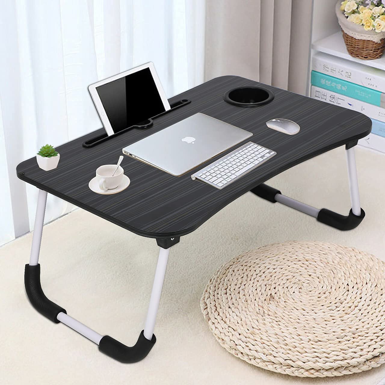 Ardith Engineered Wood Multi-Purpose Laptop Desk for Study and Reading with Foldable Non-Slip Legs Reading Table Tray/Perfect for Eating Breakfast,Working, Watching Movie On Bed (black1)