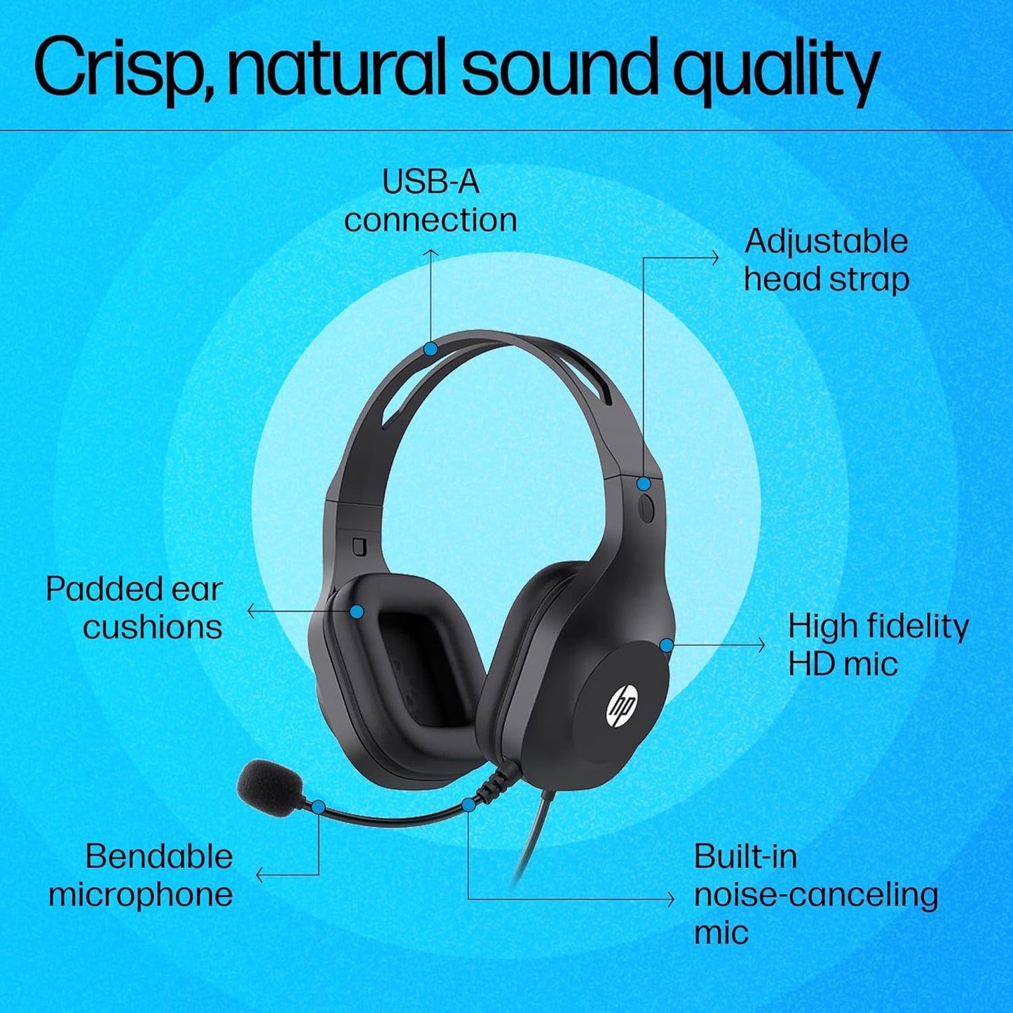 HP H120 Stereo USB Headset, Plug-and-Play USB-A, Built-in Noise-canceling mic, Adjustable Head Strap, Padded Ear Cushions, 360-degree Bendable mic, 1-Year Limited Warranty, Black, 9Z4V9AA