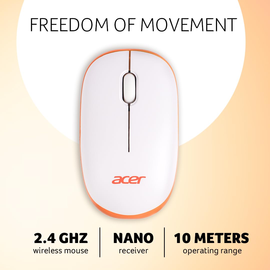acer Flow Wireless Mouse | 1600 DPI Optical Sensor | 2.4GHz Wireless with USB Nano Receiver | Ergonomic Lightweight Design | Smooth Tracking for Laptop, PC & Mac – White/Orange