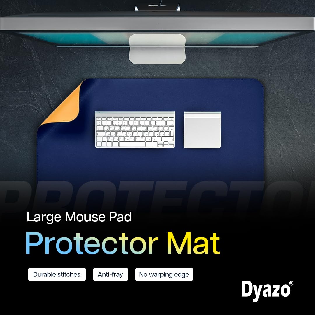 Dyazo Vegan PU Leather Desk Mat for Laptop and Computer Office | Anti-Slip Desk Pad | Extended Large Mouse Pad for Table | Dual-Sided Water-Resistant Design (600 x 350mm) Navy Blue & Yellow