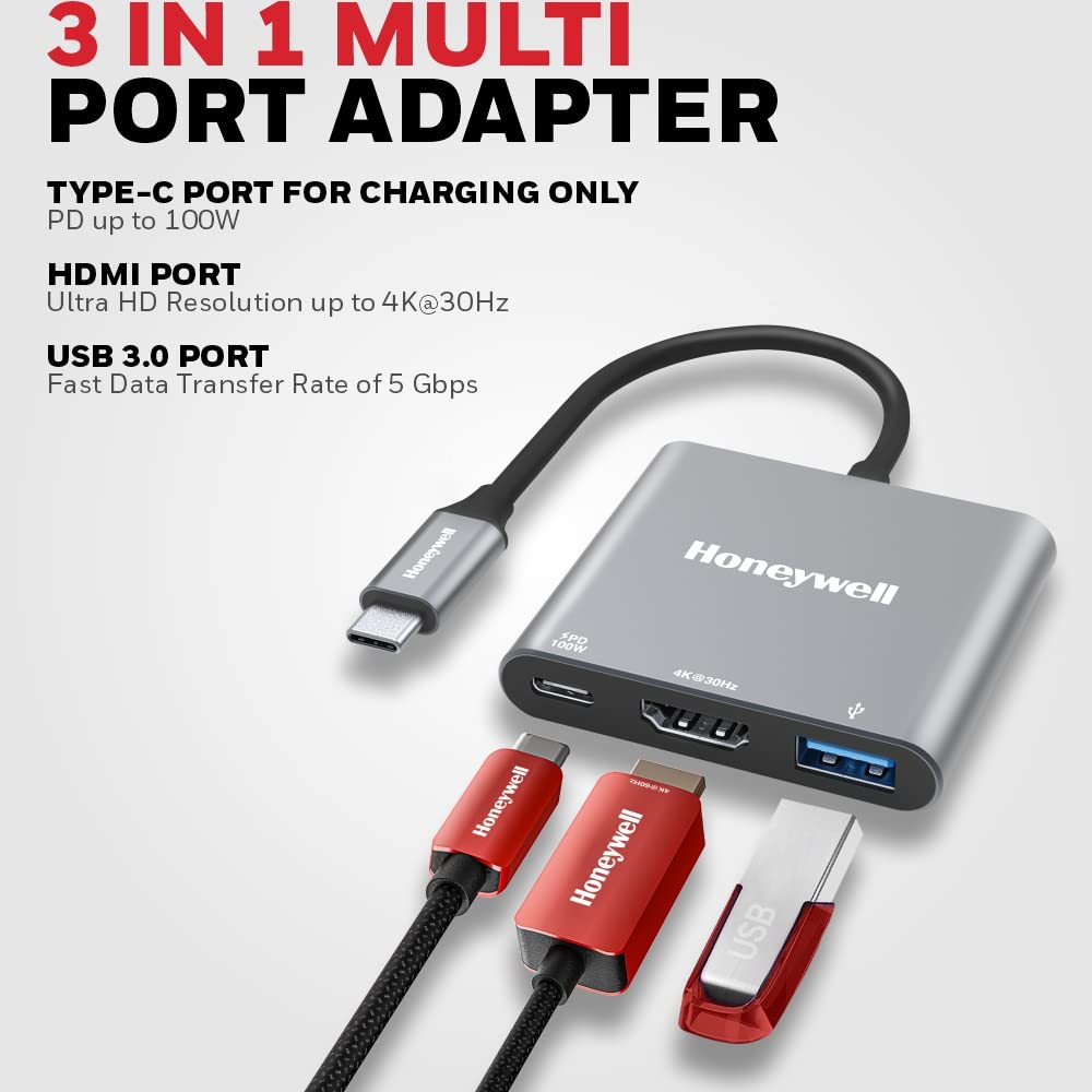 Honeywell High-Speed 3-in-1 Type C to HDMI Adapter, PD Charging Upto100W, USB3.0 Delivers Quick Transfer Speed of 5GBPS, UHD 4K@30Hz, Universally Compatible with All Type C Devices, Aluminium Case