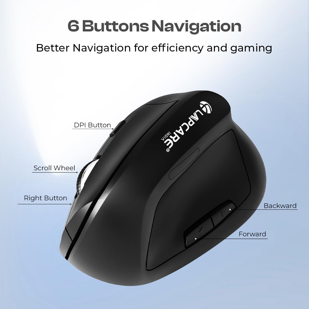 LAPCARE SunGrip Wireless Mouse 2.4GHz with Silent Clicks | 1600 DPI Adjustable | 6 Buttons | Ergonomic Design | USB Receiver | Compatible with Windows, Mac, Laptop & PC