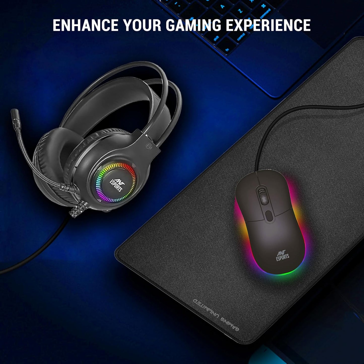 Ant Esports 3 in1 Gamers Combo with H580 50mm Stereo Driver Gaming Headset + Microphone, GM40 RGB Wired Ergonomic Gaming Mouse with DPI Up to 2400 + MP290 Large Waterproof Nonslip Base Mousepad