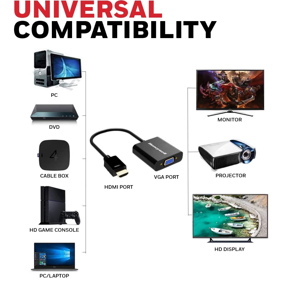 Honeywell 3in1 HDMI to VGA, 3.5mm Audio Jack & Micro USB Port, 1080p@60Hz HDMI Resolution & 6.75GB Transfer Speed, VGA Resolution 1920x1200P@60Hz, Compatible with-LED, Laptop, Gaming Console etc-Black