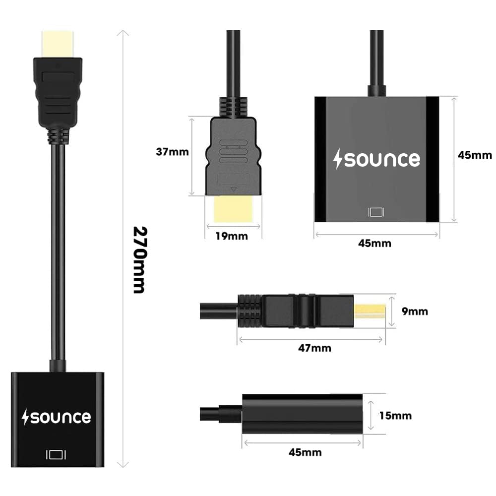 Sounce HDMI to VGA Gold Plated High-Speed 1080P Active HDTV HDMI to VGA Adapter Converter Male to Female with Audio and Micro USB Charging Cable, (Black)