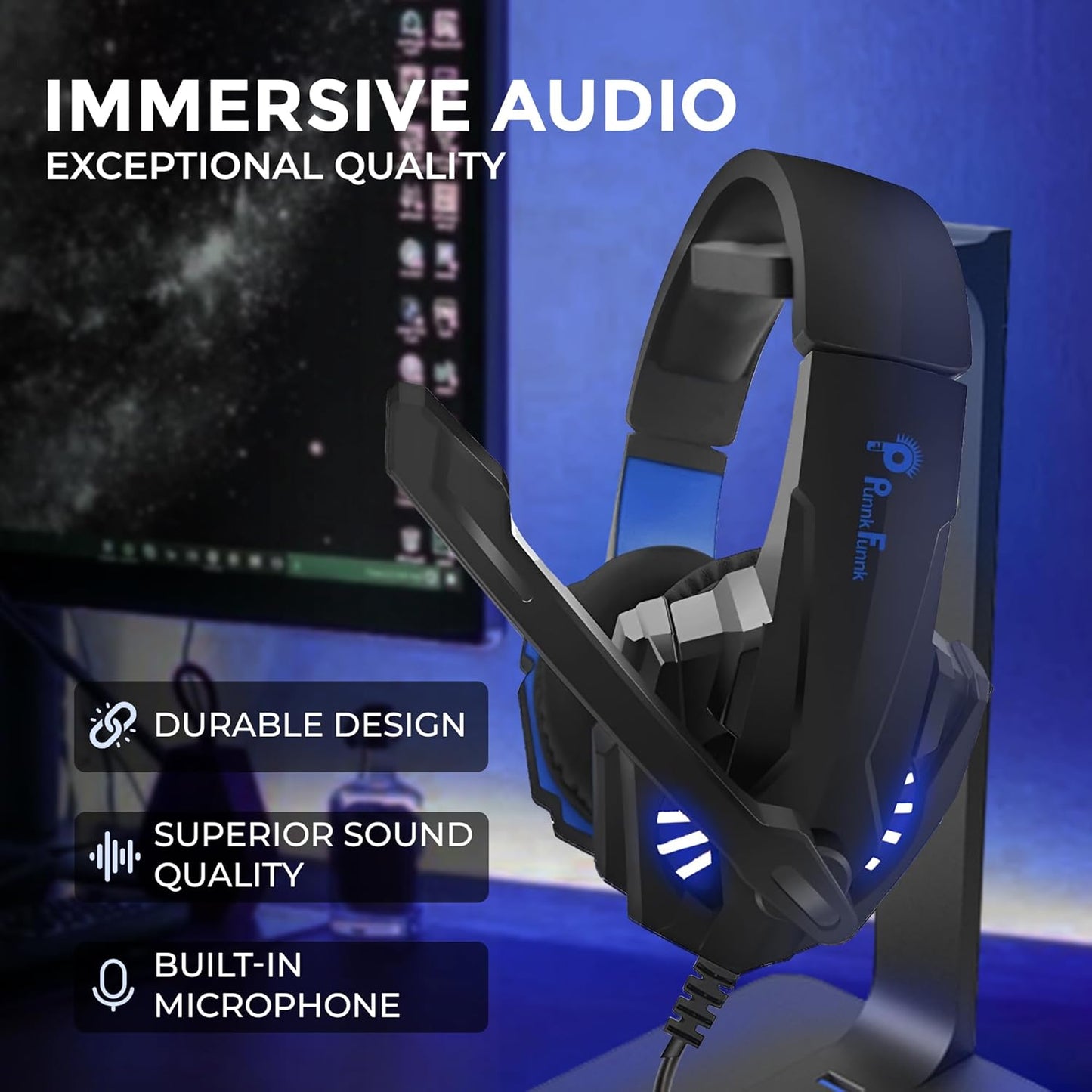 PunnkFunnk BattleKiller Gaming Headset Multi-Platform Compatible with PS4, Xbox One, PC, Nintendo Switch, Mobile, 50mm Surround Sound, Noise-Canceling Mic, LED Lights(Black)