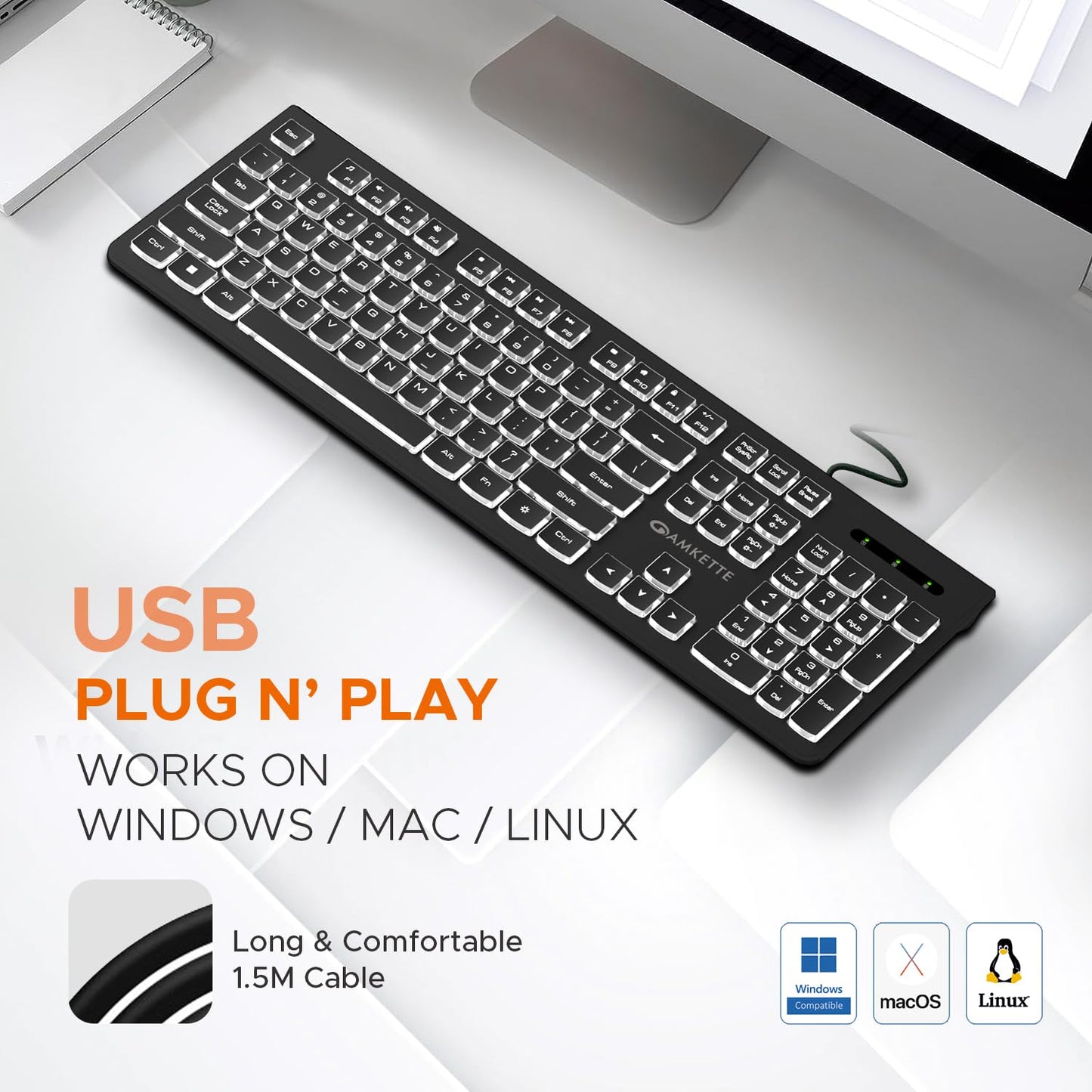 Amkette Wi-Key Backlit Wired Keyboard | White Backlit with Brightness Control | Laser-Etched Keys | 12 Multi-Media Keys | Plug and Play USB Connection | Compatible with PC/Mac/Laptop | 1 Year Warranty