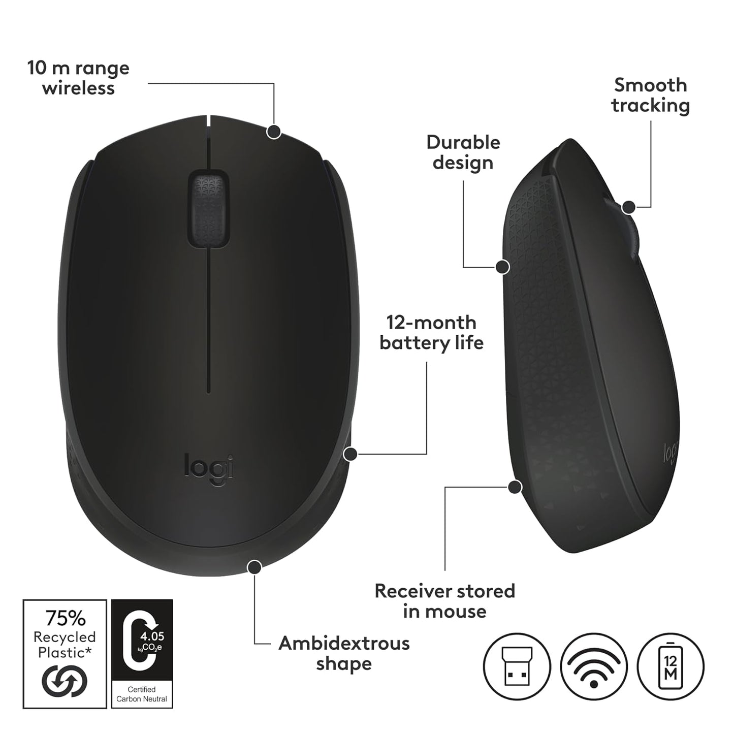 Logitech B170 Wireless Mouse with USB Receiver,(Black)
