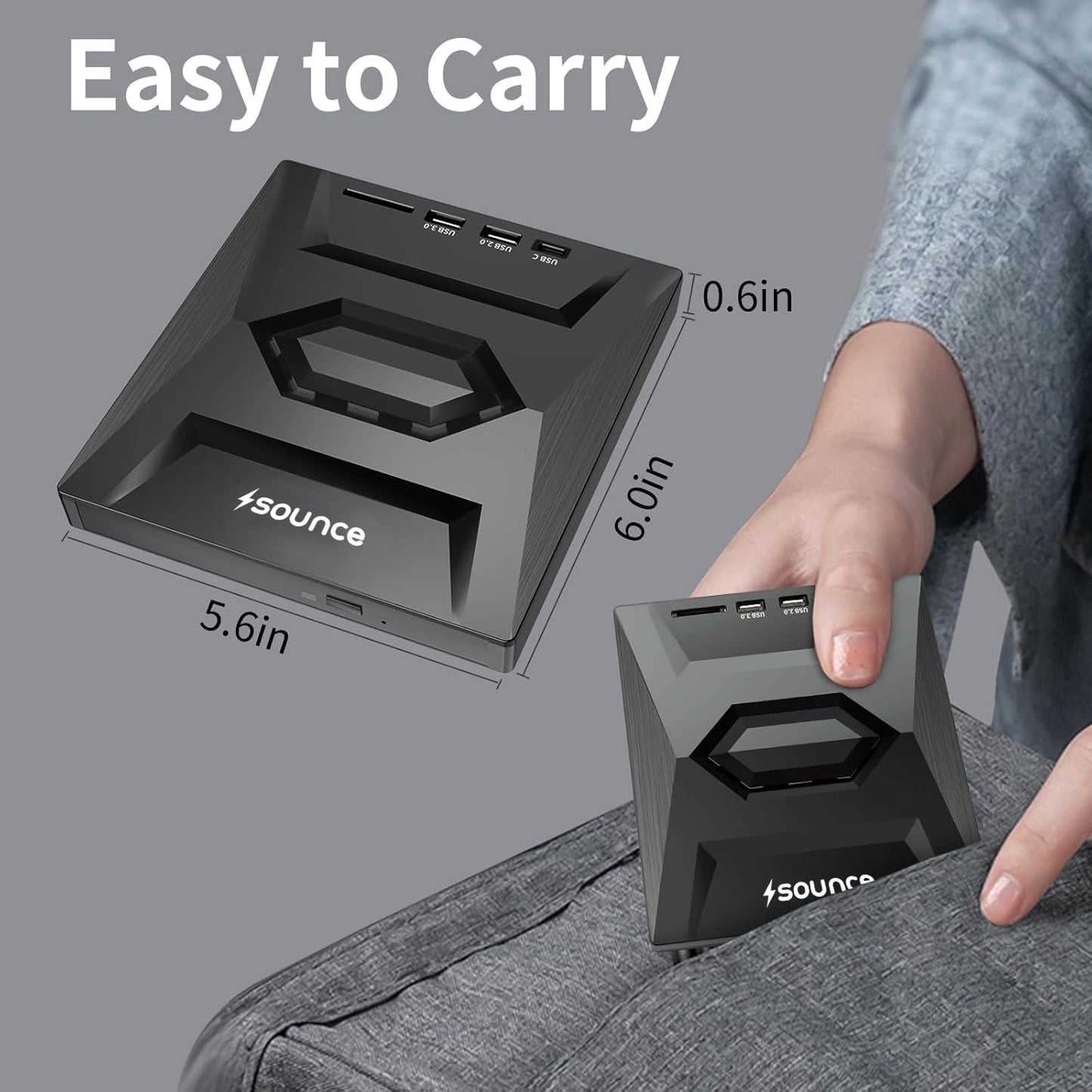 Sounce USB 3.0 & Type C External CD DVD Writer RW Optical Drive CD/DVD ROM +/- RW Burner Drive with SD/TF Card Reader Ports, USB 3.0 to C Hub for Laptop, PC, MacBook, Desktop, Notebook, Black