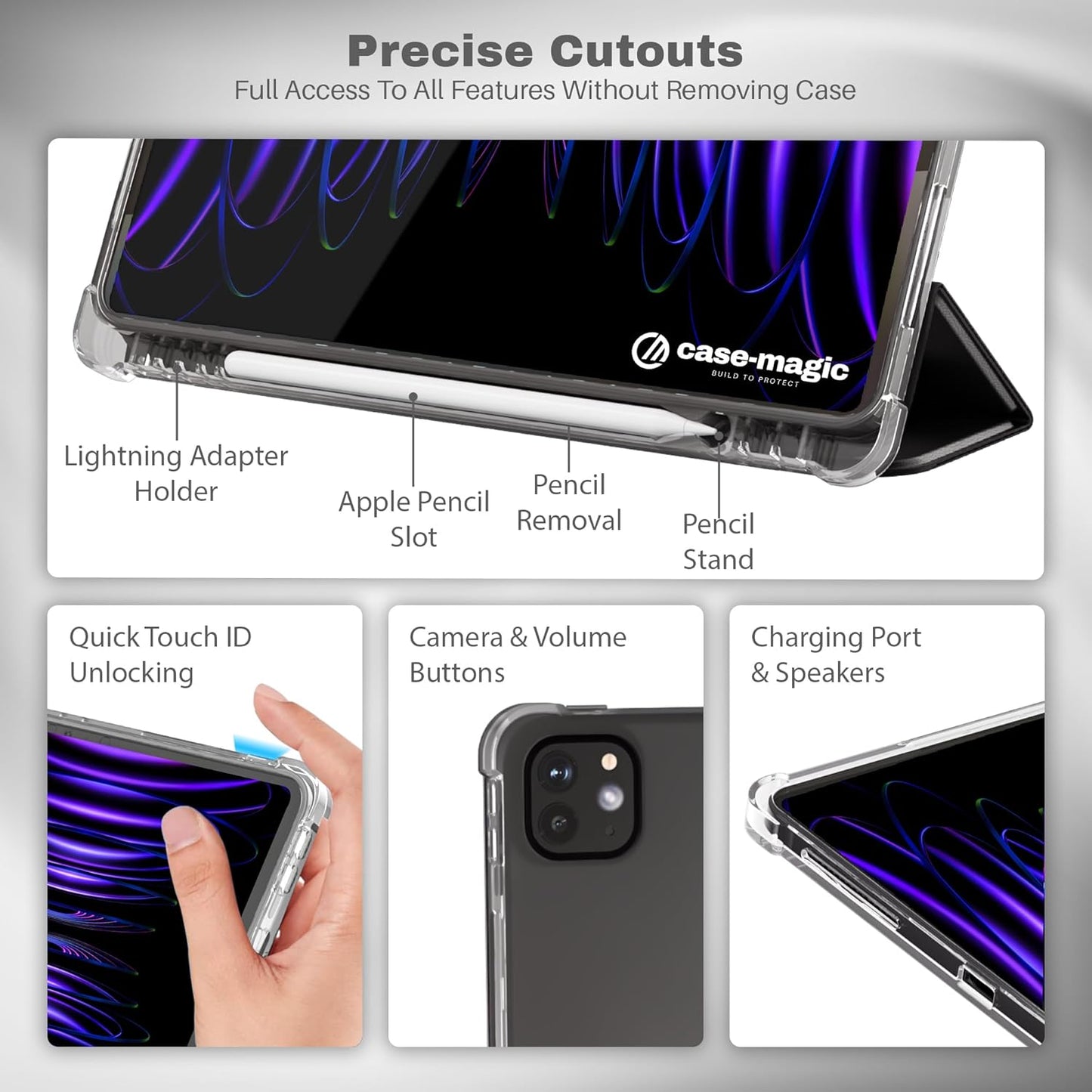 Case Cover for iPad Pro 12.9 inch Cover (2022/2021/2020, 6th/5th/4th Gen) Smart Folio Case with Pencil Holder,Auto Sleep/Wake| Transparent Back (Black)