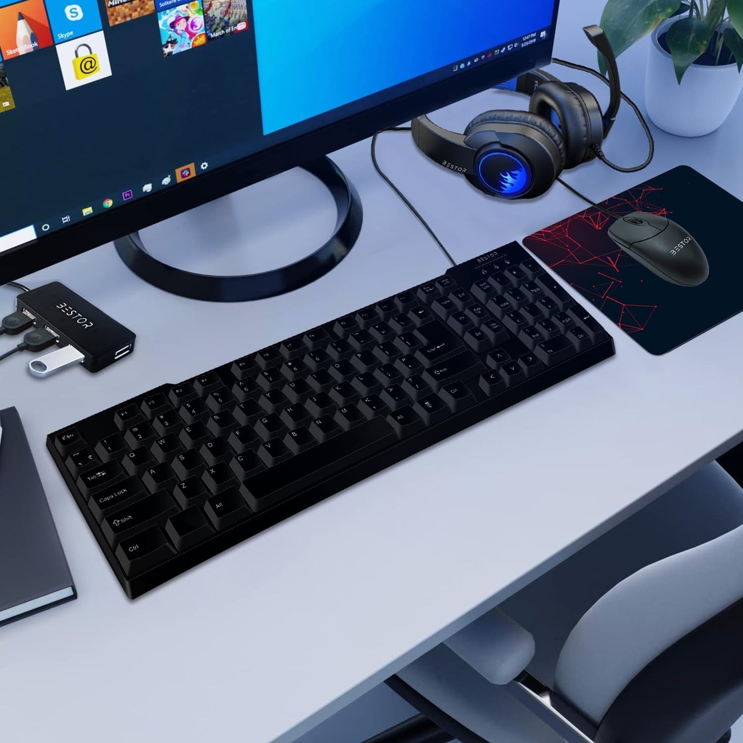 Bestor Set of 3 Combos of USB Wired Keyboard, Wired Mouse & 4 Port USB HUB for PC, Laptop, Computer with Windows