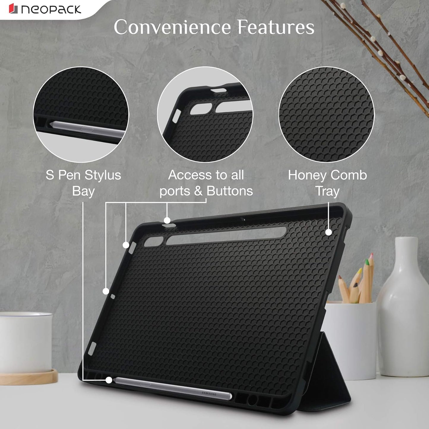 Neopack Delta Trifold Smart Cover/Flip Case with Tempered Glass for Tablets Samsung Galaxy Tab S7 (Black)