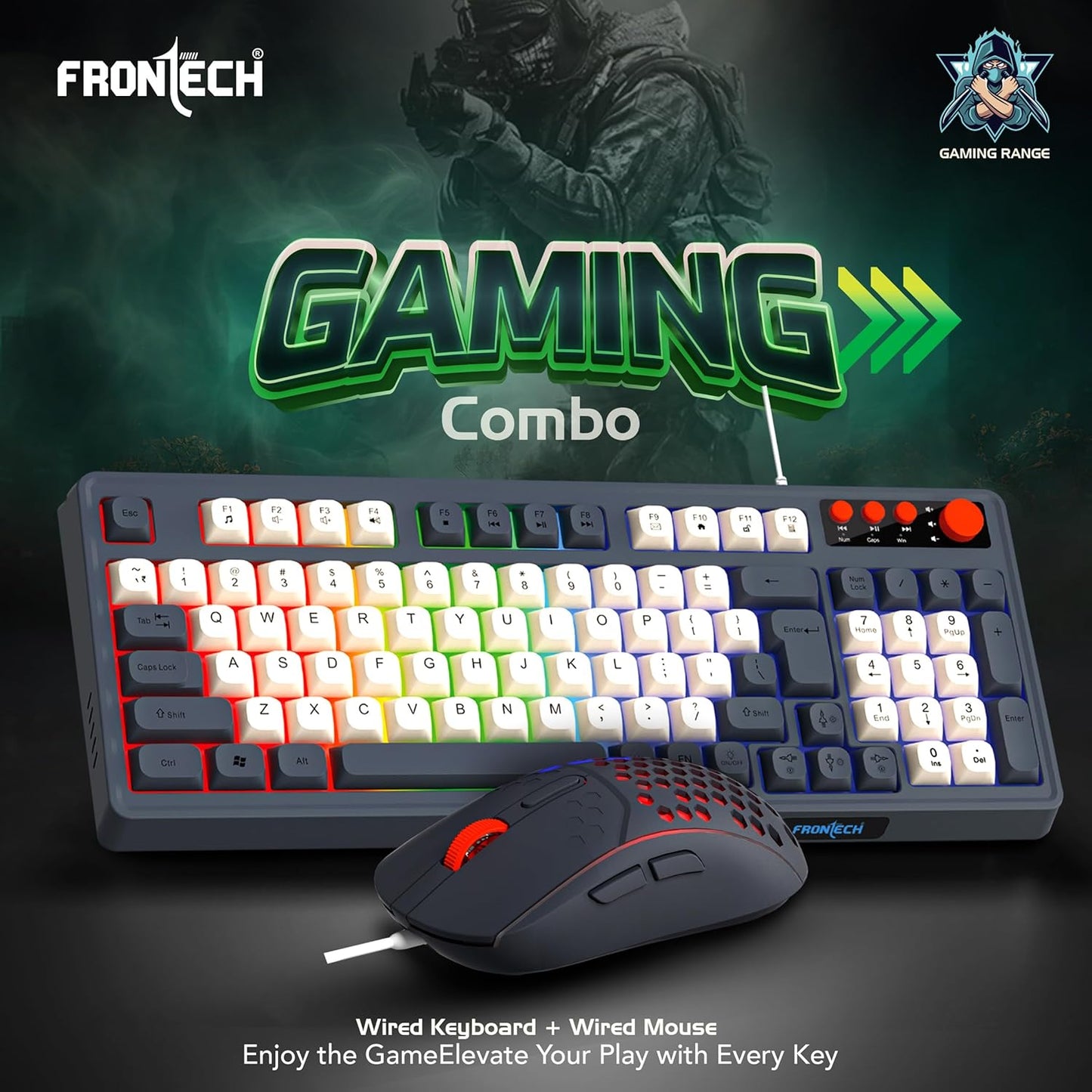 Frontech Wired Aero Blade Gaming Keyboard & Mouse Set | LED Rainbow Backlit | 94 Keys with 4 Hot Keys | USB Plug & Play | Up to 7200 DPI Mouse | Durable Build (KB-0044)