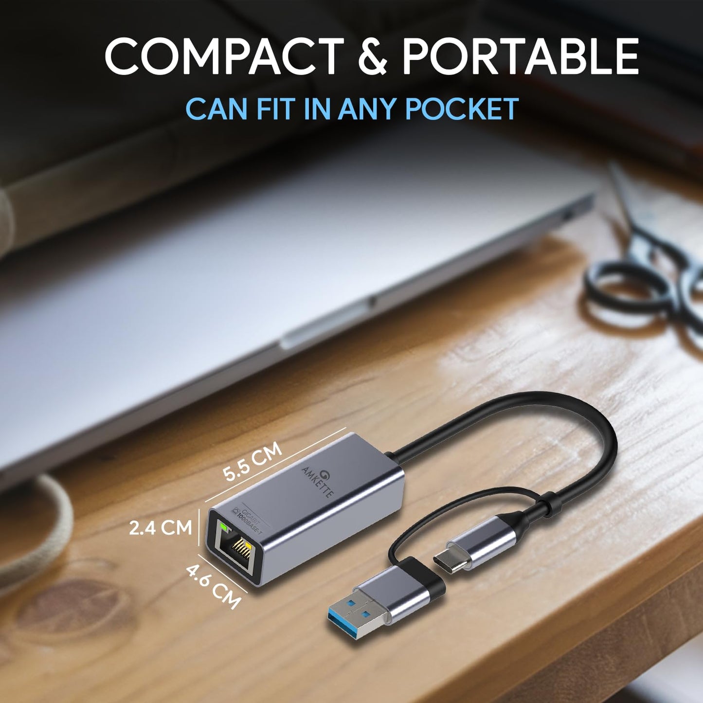 Amkette Super-Speed USB 3.0 + Type-C to RJ45 Gigabit Ethernet Adapter I 10/100/1000 MBPS Network LAN Speed I for Laptop, Desktop, Gaming Console,Chromebook and Macbook I Plug & Play I Fully Metal Body