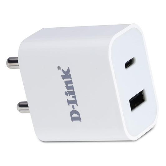 D-Link 20W Dual Port Fast Charger Type-C & USB-A for All Mobiles Phones, Tablets, Power Banks, Smart Watches, Earbuds Etc. Bis Certified, Compact Size & Easy to Carry. - White