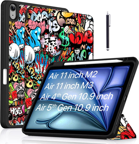 Robustrion Case Cover for iPad Air 11 inch M3 / M2 (2024/2025)/iPad Air 5th Generation Cover/4th Gen 10.9" with [Pencil Holder Right Side][Flexible Back][Auto Sleep Wake] and Stylus Pen - Hippy