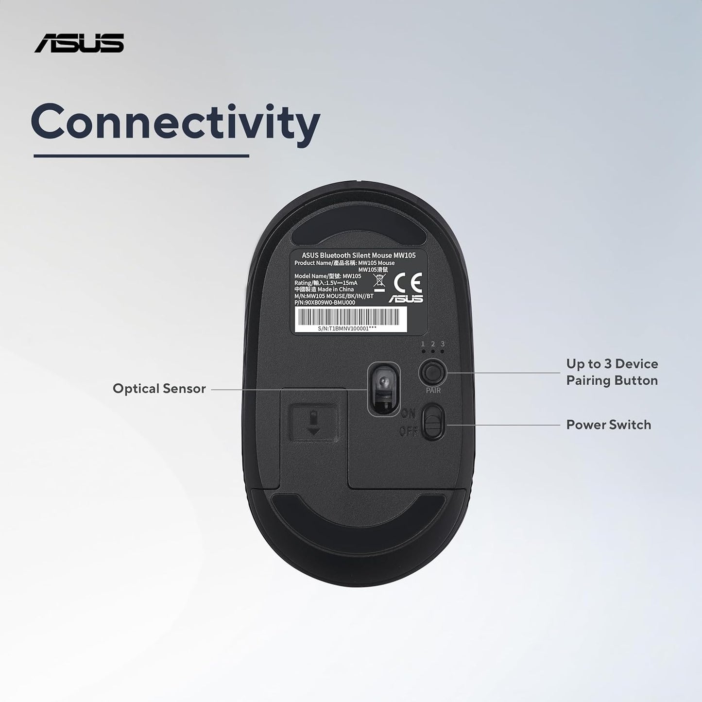 ASUS MW105 Multi-Device Wireless Bluetooth Silent Mouse, Adjustable DPI, Ambidextrous Shape, Connects Upto 3 Devices, Optical Tracking, Compatible with PC/Laptop- (Black) 48 Grams, 3 Year Warranty