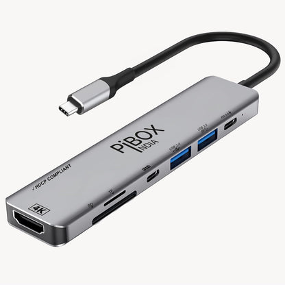 PiBOX India - USB C Hub Dock- 7 in 1 with 4K 30HZ HDCP Compliant, Aluminum Type C Adapter with 4K HDMI Port, USB 3.0 Port, USB-C Power Delivery, TF/SD Card Reader, MacBook/Dell/Samsung USB C Devices