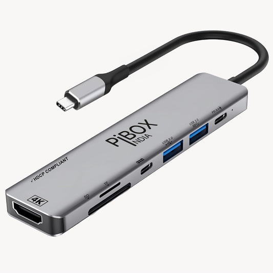 PiBOX India - USB C Hub Dock- 7 in 1 with 4K 30HZ HDCP Compliant, Aluminum Type C Adapter with 4K HDMI Port, USB 3.0 Port, USB-C Power Delivery, TF/SD Card Reader, MacBook/Dell/Samsung USB C Devices