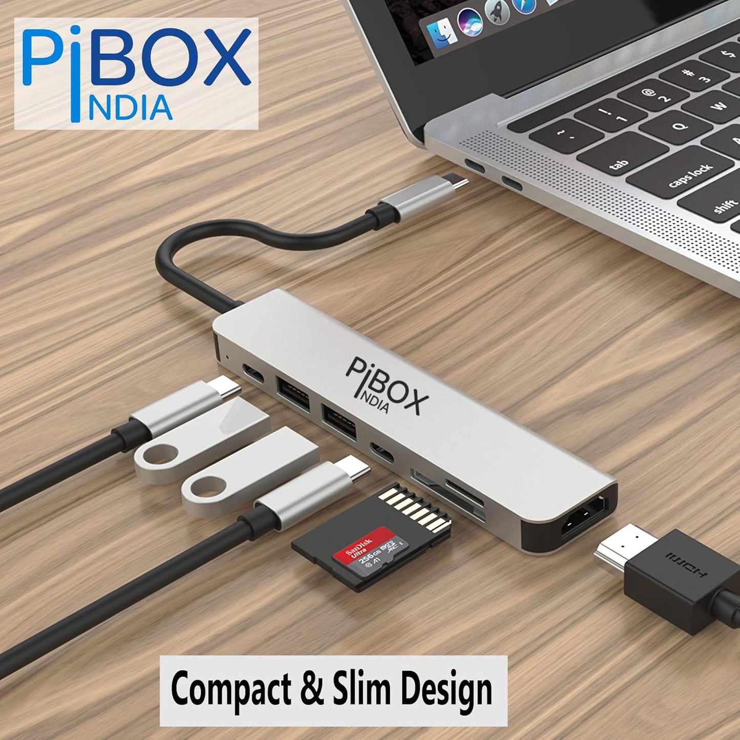 PiBOX India - USB C Hub Dock- 7 in 1 with 4K 30HZ HDCP Compliant, Aluminum Type C Adapter with 4K HDMI Port, USB 3.0 Port, USB-C Power Delivery, TF/SD Card Reader, MacBook/Dell/Samsung USB C Devices