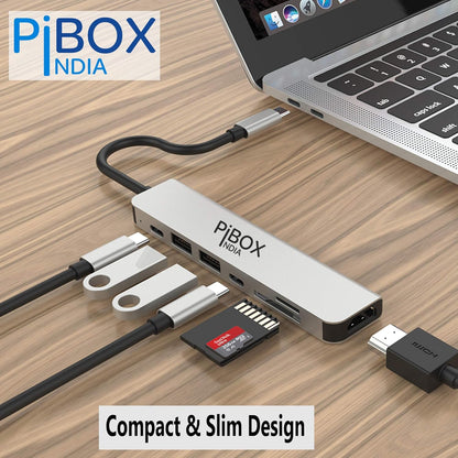 PiBOX India - USB C Hub Dock- 7 in 1 with 4K 30HZ HDCP Compliant, Aluminum Type C Adapter with 4K HDMI Port, USB 3.0 Port, USB-C Power Delivery, TF/SD Card Reader, MacBook/Dell/Samsung USB C Devices