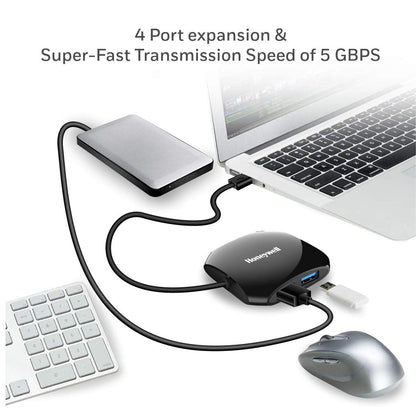 Honeywell Momentum 4-1 USB 3.0 Hub, 1.2 Meter Cable, Max Current 900mA, Transmission Speed 5GBPS, Universally Compatible with All USB PC, Laptop, Speaker, Mobile, Pen Drive,Hard Drive,Keyboard Printer