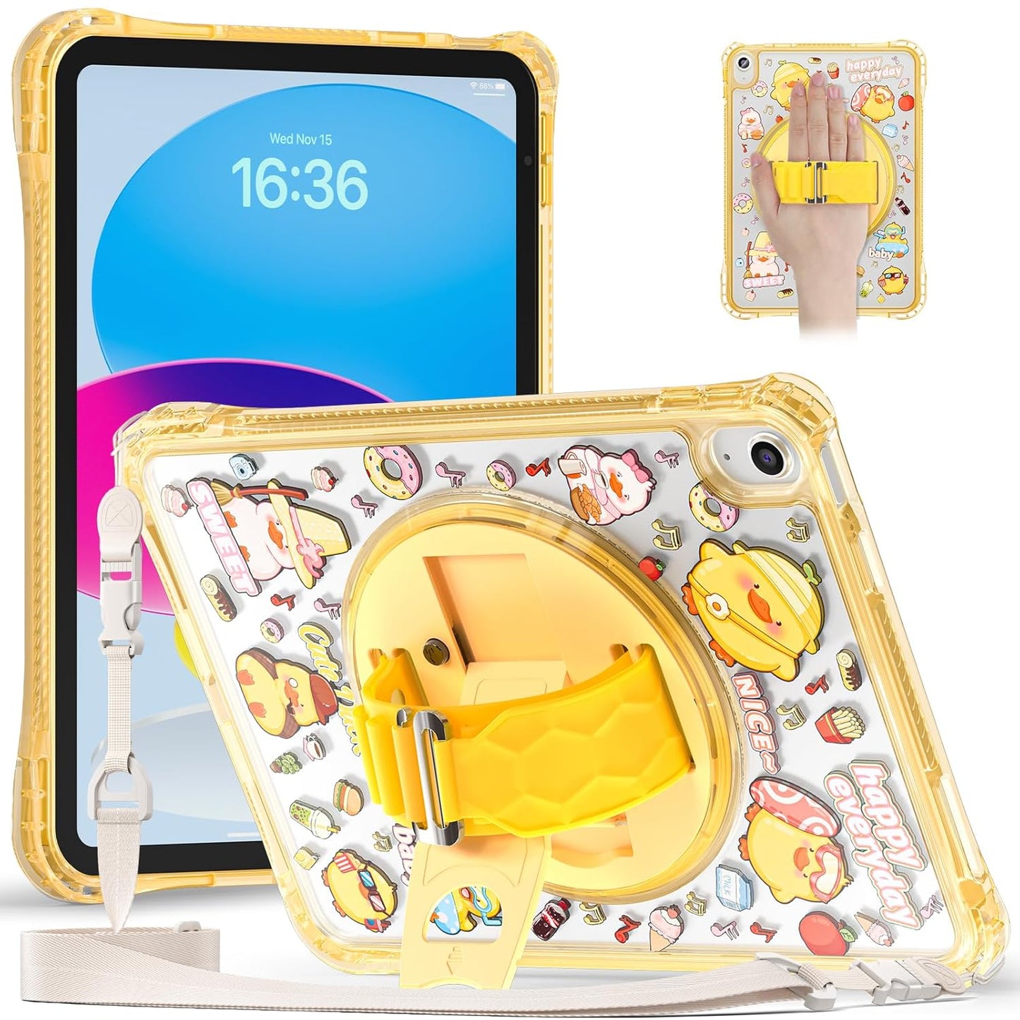 Case Cover for Apple iPad (A16) 11th/10th Gen 2025/2022, Rugged Transparent Back Case for iPad 11th/10th Gen 2025/2022 with Hand Grip 360 Roatating Kickstand and Shouder Strap, Transparent Duck