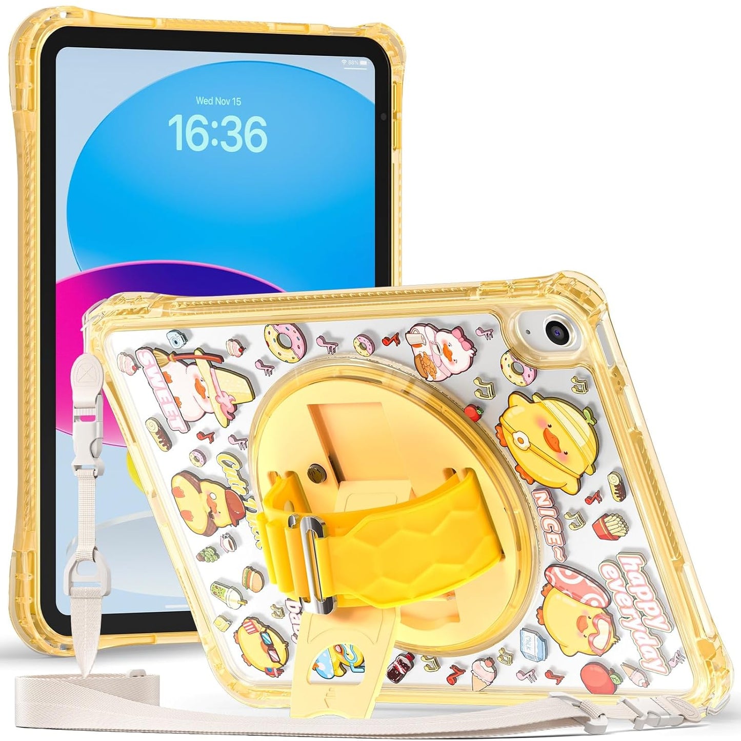 Case Cover for Apple iPad (A16) 11th/10th Gen 2025/2022, Rugged Transparent Back Case for iPad 11th/10th Gen 2025/2022 with Hand Grip 360 Roatating Kickstand and Shouder Strap, Transparent Duck