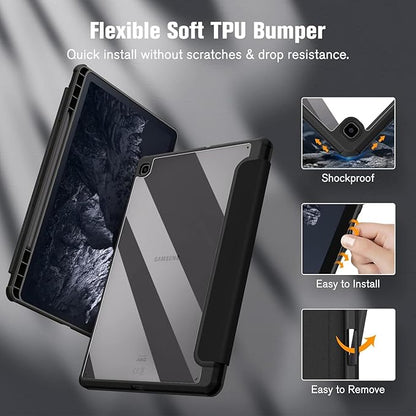 Printme Hybrid Slim Case for Samsung Galaxy Tab S6 Lite 10.4 Inch 2022/2020 Model (SM-P610/P613/P615/P619) with S Pen Holder, Shockproof Cover with Clear Transparent Back Shell (Black)