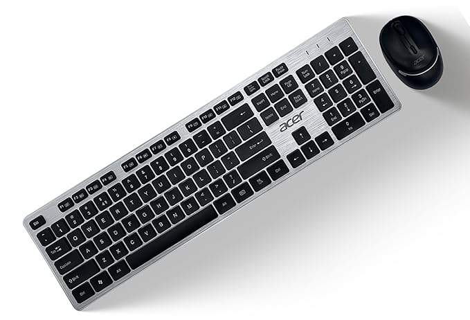 Acer Fusion Wireless Keyboard and Mouse Combo, Durable Stylish Design, 2.4GHz Nano Receiver, 10m Range, Indian Rupee Key, Adjustable DPI (800/1200/1600), Compatible with Windows & Mac (Black & Silver)