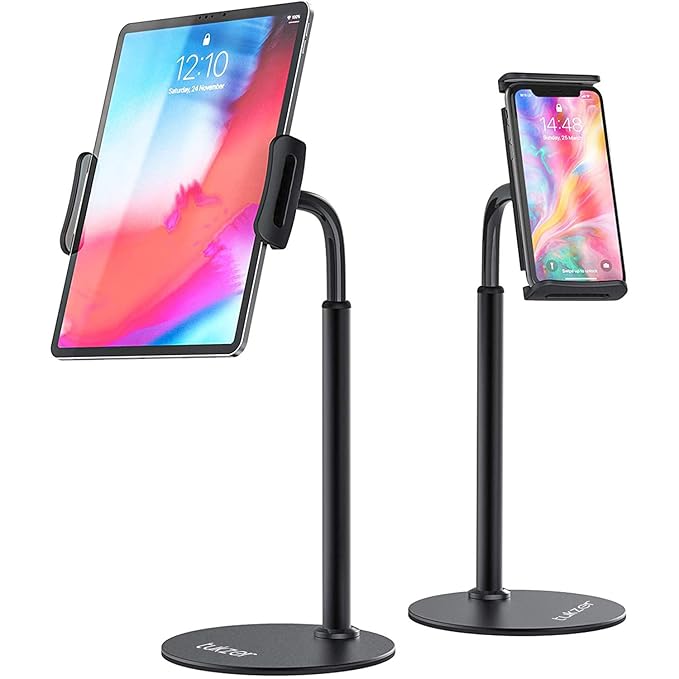 Tukzer Professional Desktop Tablet Stand Mobile Holder with Flexible Arm, 360° Swivel & Height Adjustament| Anti-Skid Sturdy & Heavy Metal Base for 4.7 to 11-Inch Tablet, iPad & Smartphone (Black)