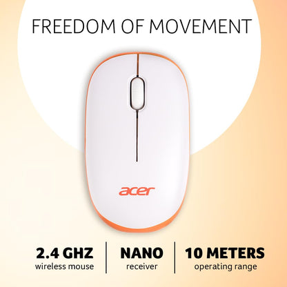 acer Flow Wireless Mouse | 1600 DPI Optical Sensor | 2.4GHz Wireless with USB Nano Receiver | Ergonomic Lightweight Design | Smooth Tracking for Laptop, PC & Mac – White/Orange