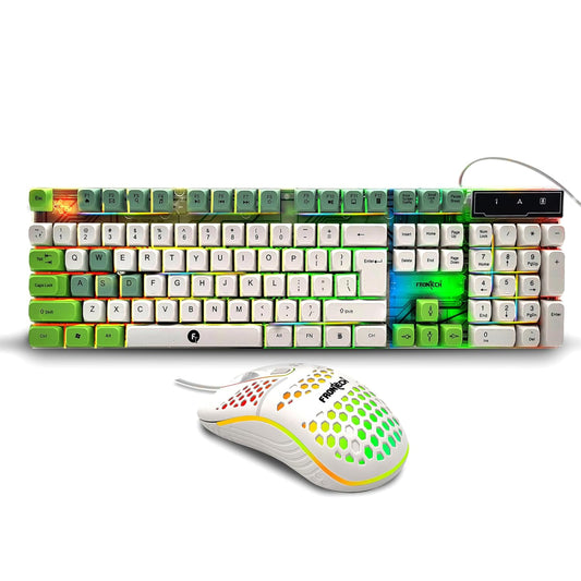 Frontech Wired Nova Knight Gaming Keyboard & Mouse Set | LED Rainbow Backlit | 104 Keys | USB Plug & Play | Up to 1600 DPI Mouse | Durable Build | (KB-0045, White + Green)