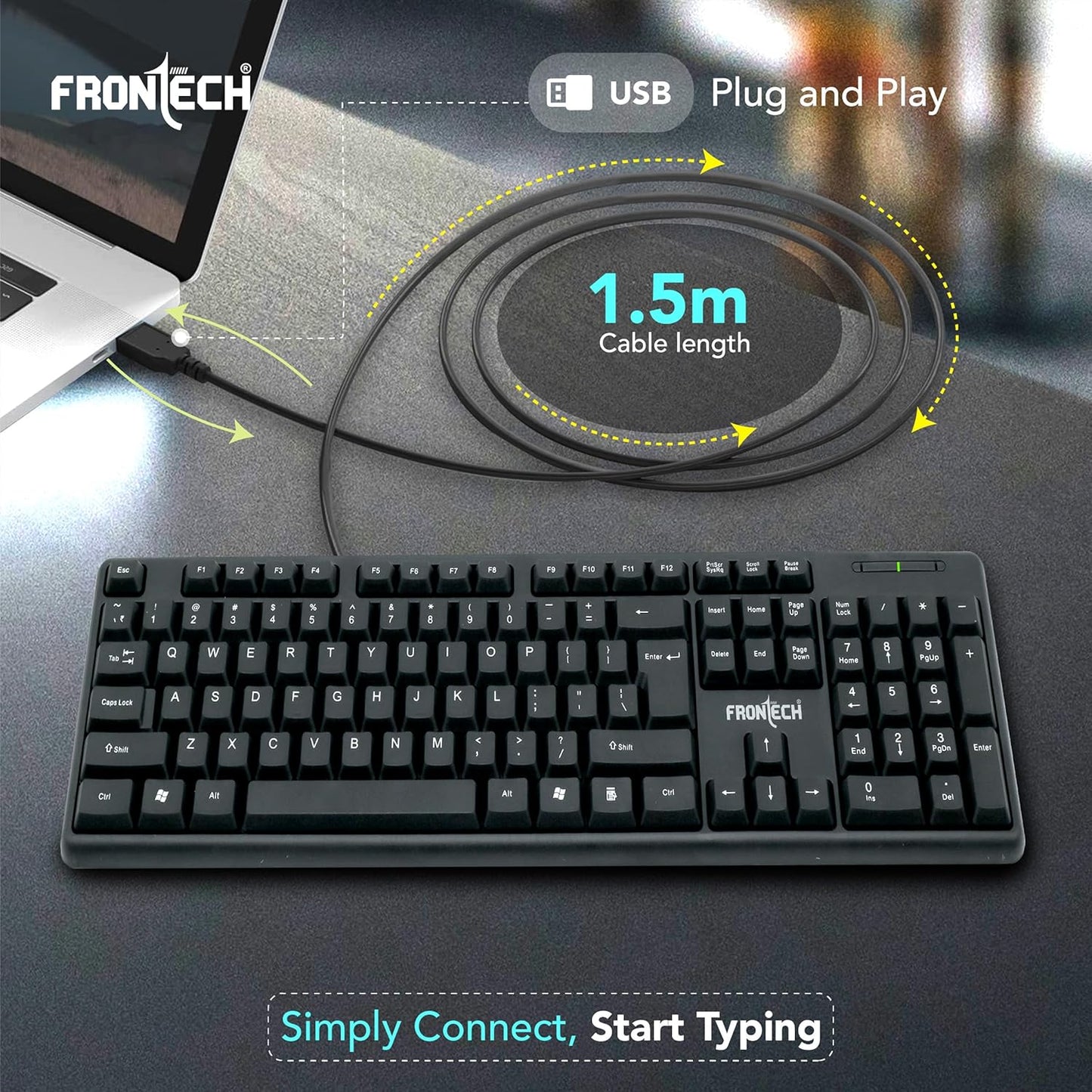FRONTECH Wired Keyboard | Membrane Keys with Retractable Stands | USB Plug & Play | Ergonomic & Comfortable Design | 1 Year Warranty (FT-1672, Black)