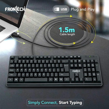 FRONTECH Wired Keyboard | Membrane Keys with Retractable Stands | USB Plug & Play | Ergonomic & Comfortable Design | 1 Year Warranty (FT-1672, Black)
