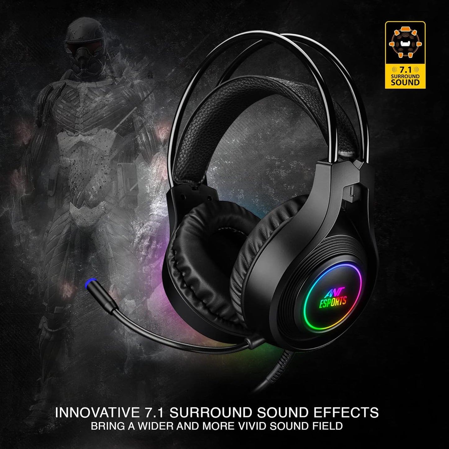 Ant Esports H570 7.1USB Surround Sound Gaming Headset with Noise Cancelling Mic & RGB Light, Compatible with PC/Laptop/ PS5/PS4 / Xbox – Black