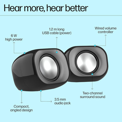 HP DHS-2111 Wired Speaker, 2-Channel Surround Sound, 3.5mm aux connectivity, PC and Phone Compatible, Easy Volume Controls, 1-Year Warranty, 0.27 kg, Black, 8C575AA