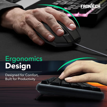 FRONTECH Wired Keyboard and Mouse Combo | Membrane Keys with Retractable Stands | USB Plug & Play | Ergonomic & Comfortable Design | 1 Year Warranty (1692, Black)