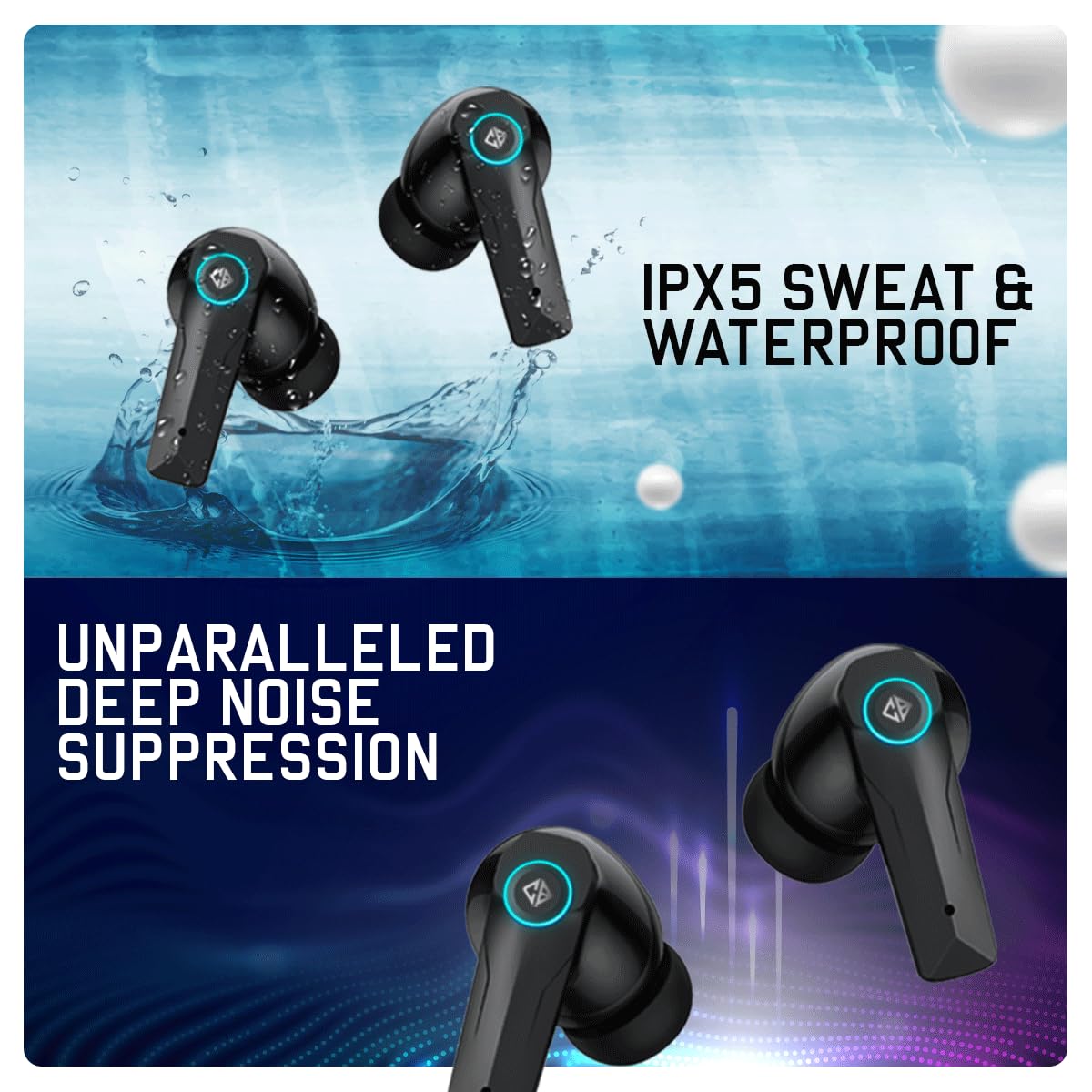 Cosmic Byte CosmoBuds X50 True Wireless Earbuds (TWS), BT 5.3, 40ms Latency GOD Mode™, Music Mode, RGB, 40Hrs, ENC, DNS Quad Mics, IPX5, Voice Assistant (Black)