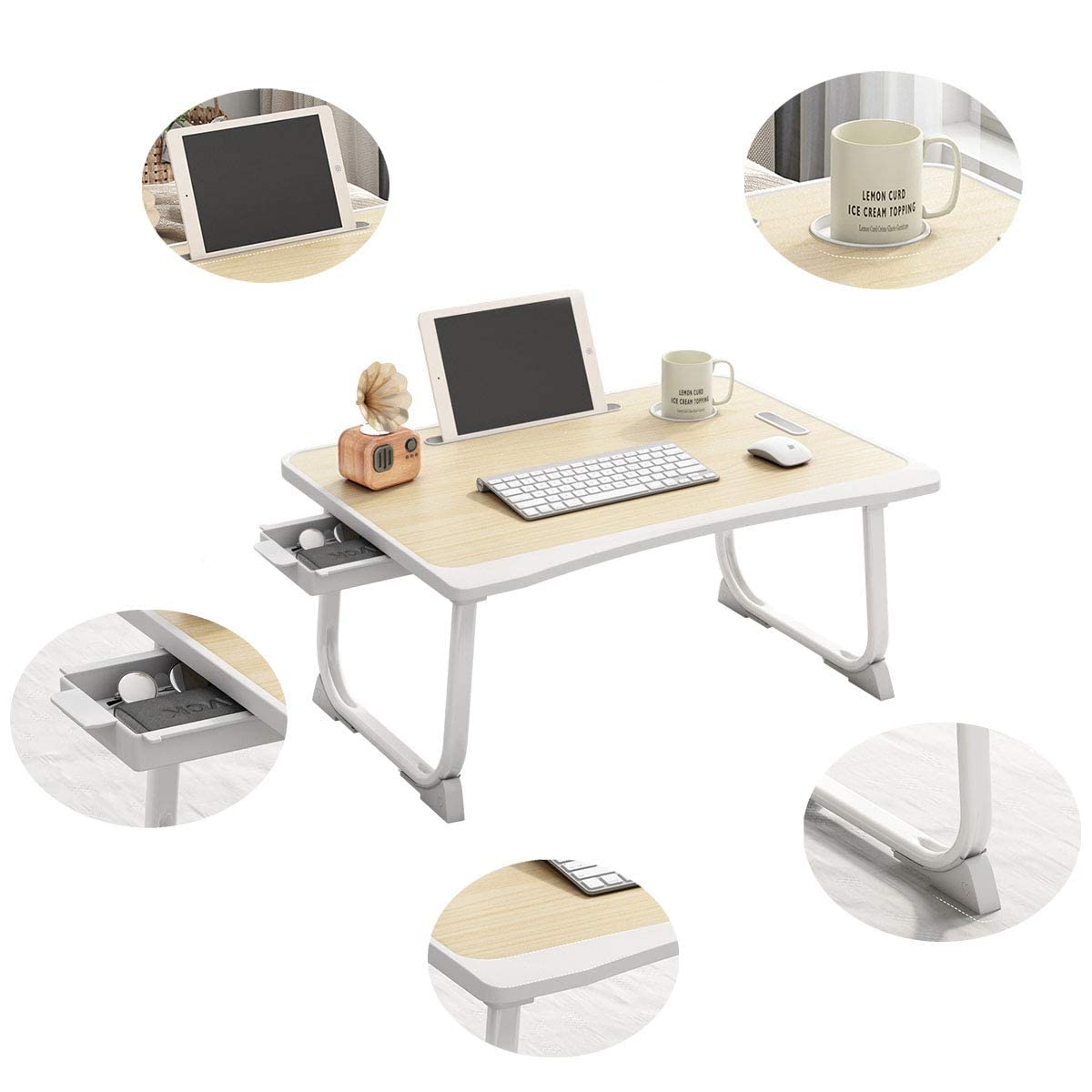 Tarkan Portable Folding Laptop Desk for Bed, Lapdesk with Handle, Drawer, Cup & Mobile/Tablet Holder for Study, Eating, Work Brown