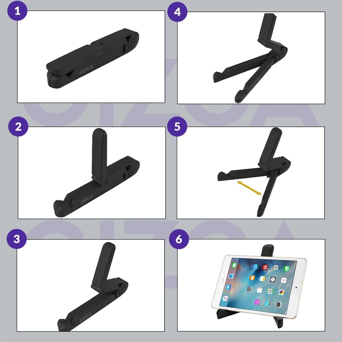 GIZGA Essentials Portable Tabletop Tablet Stand Mobile Holder, Desktop Stand, Cradle, Dock for iPad, Smartphone, Kindle, E-Reader, Fully Foldable, Adjustable Angle, Anti-Slip Pads, Black