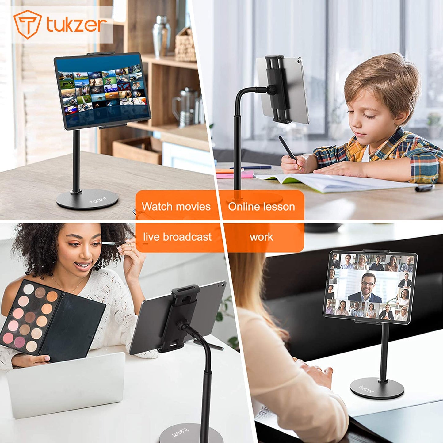 Tukzer Professional Desktop Tablet Stand Mobile Holder with Flexible Arm, 360° Swivel & Height Adjustament| Anti-Skid Sturdy & Heavy Metal Base for 4.7 to 11-Inch Tablet, iPad & Smartphone (Black)