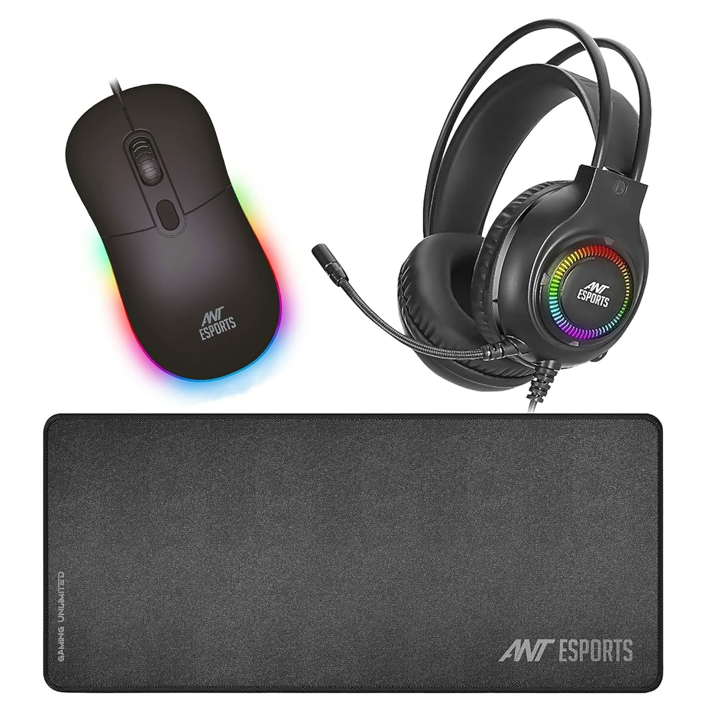 Ant Esports 3 in1 Gamers Combo with H580 50mm Stereo Driver Gaming Headset + Microphone, GM40 RGB Wired Ergonomic Gaming Mouse with DPI Up to 2400 + MP290 Large Waterproof Nonslip Base Mousepad