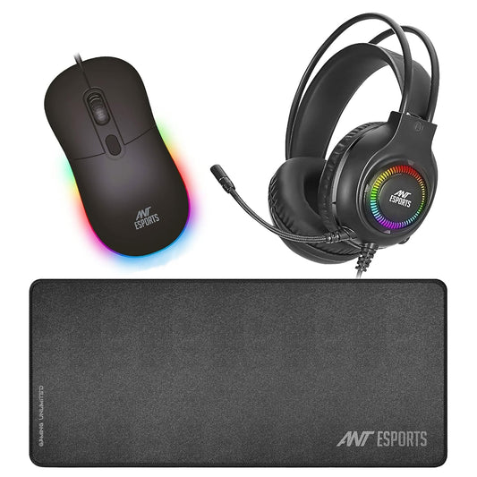 Ant Esports 3 in1 Gamers Combo with H580 50mm Stereo Driver Gaming Headset + Microphone, GM40 RGB Wired Ergonomic Gaming Mouse with DPI Up to 2400 + MP290 Large Waterproof Nonslip Base Mousepad