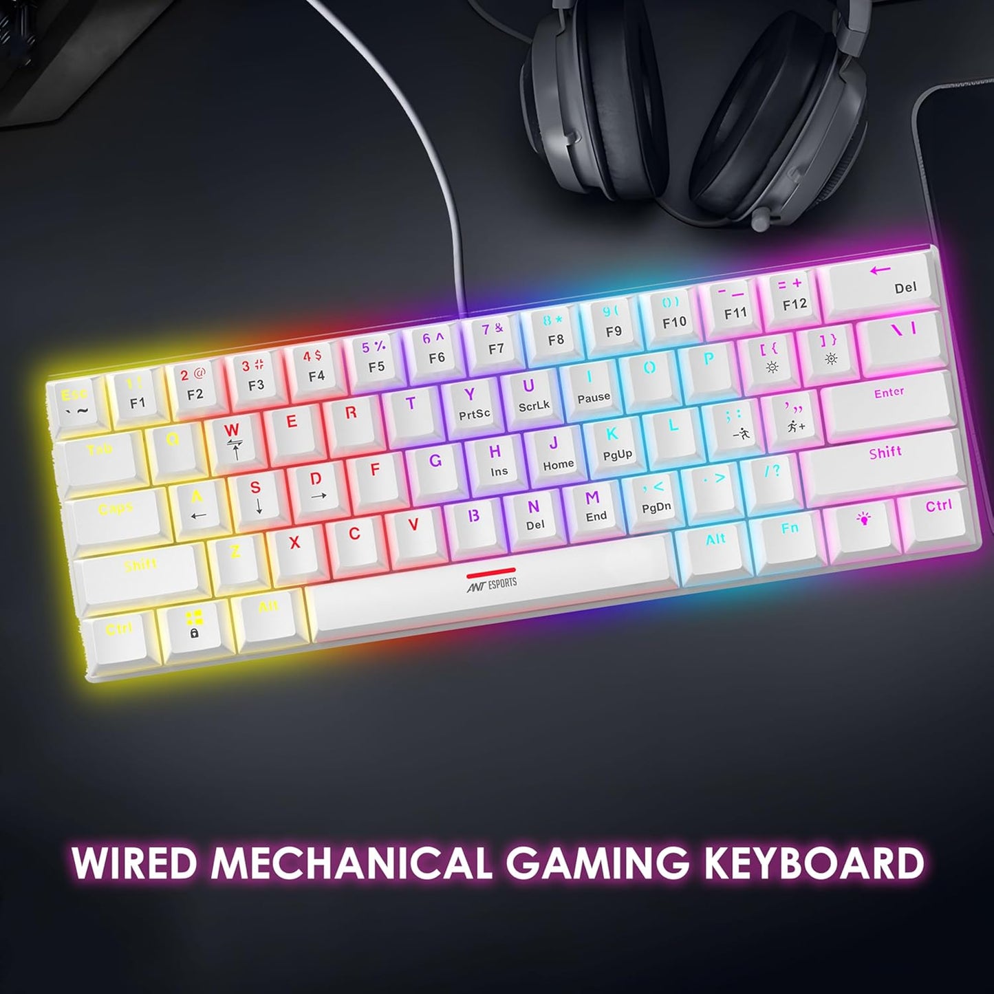 Ant Esports MK1200 Mini 60% Wired Mechanical Gaming Keyboard – Red Switch, Rainbow Backlit, 61 Keys, Anti-Ghosting, USB, Compact TKL – Compatible with Windows, macOS, PS5, Xbox, Laptop & PC (White)