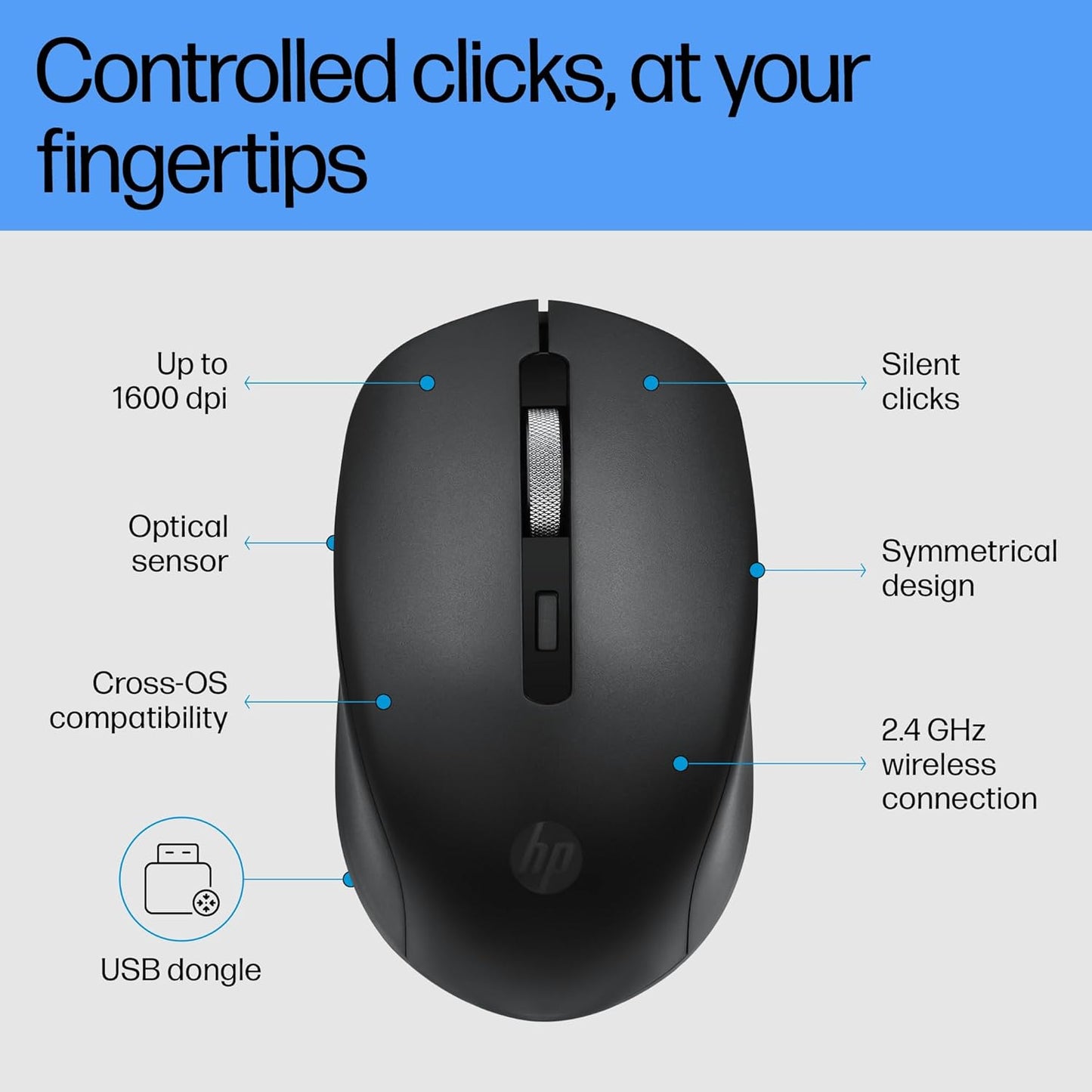 HP S1000 Mouse, 1600 DPI, 2.4Ghz Wireless Connection, Symmetrical Design for Smooth Scrolls, Black (7YA12PA)